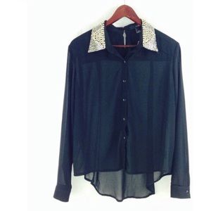 [XXI] sheer black embellished collar top #A04